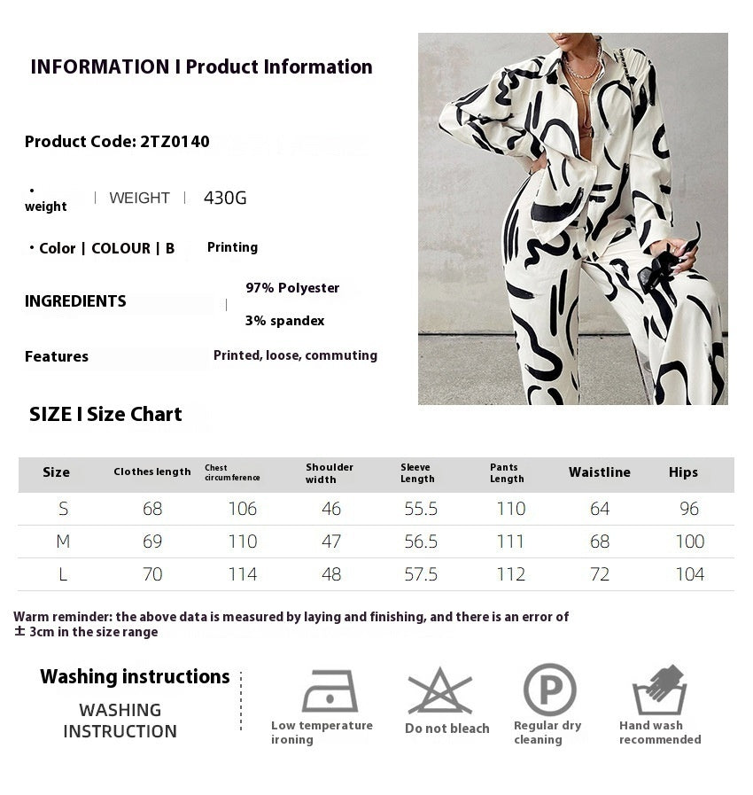Black And White Printed Long-sleeved Shirt High Waist Wide-leg Pants Two-piece Set