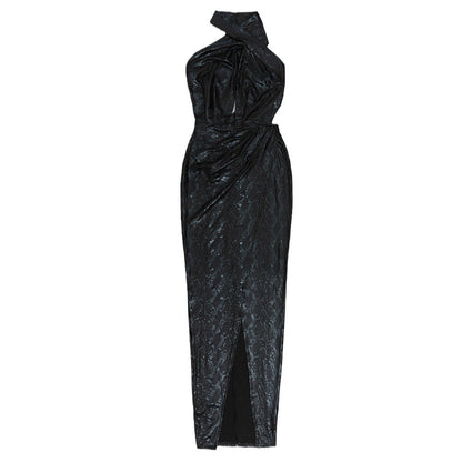 Slim-fit Dress Sheath Halter Black Color & Pleats Flounced Dress