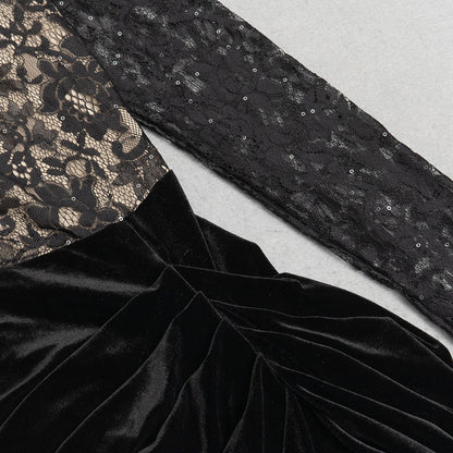 Black Mock-neck Long Sleeve Stitching Ruffle Long Dress