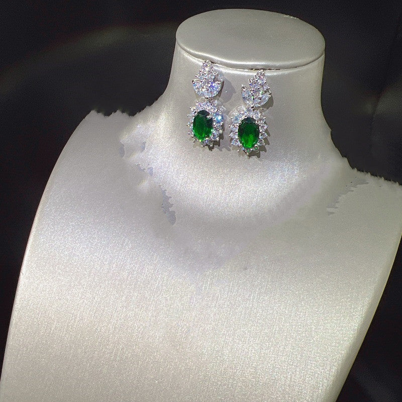 Emerald Tourmaline Full Diamond Earrings Female Pendant Necklace Set