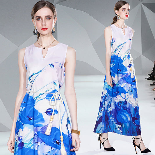V-neck Lace-up Printing Sleeveless Dress Dress