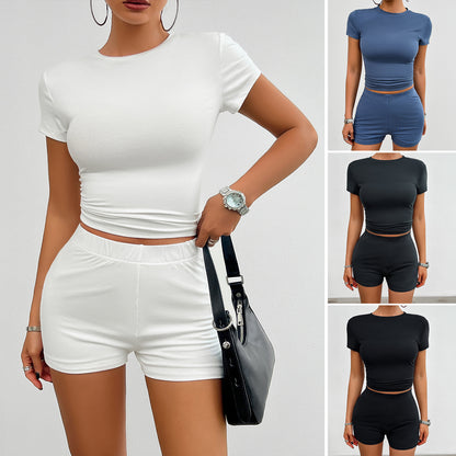 Solid Color Slim Sports Suit Summer 2Pcs Short-sleeved Round Neck T-shirt And Elastic Shorts Fashion Womens Clothing
