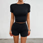 Solid Color Slim Sports Suit Summer 2Pcs Short-sleeved Round Neck T-shirt And Elastic Shorts Fashion Womens Clothing