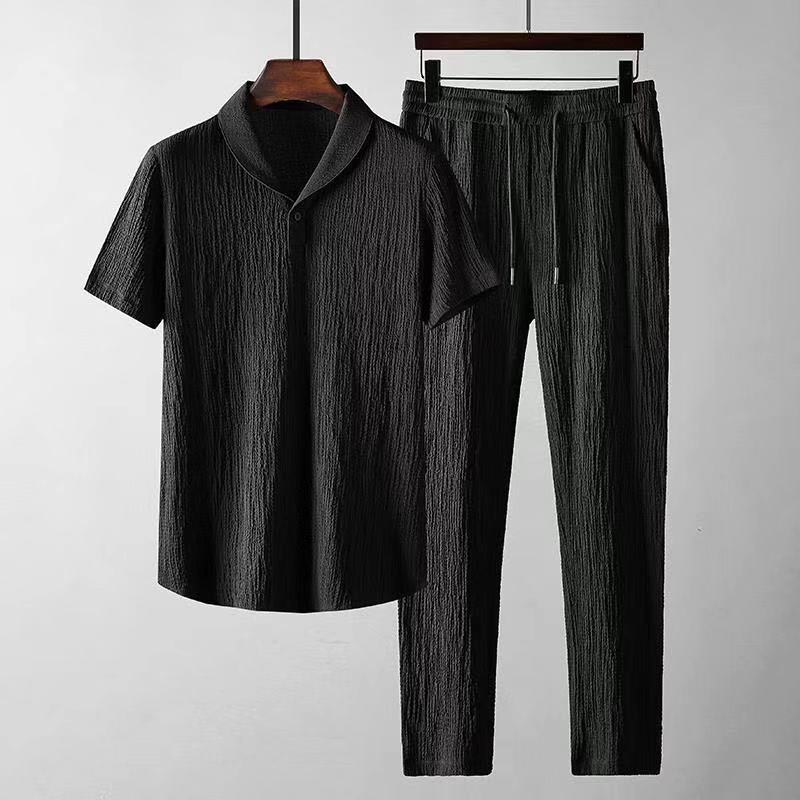 Leisure Suit Summer Loose Short Sleeve Top And Drawstring Trousers Fashion Mens Clothing