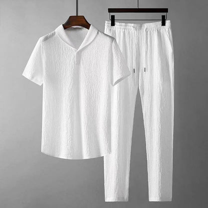 Leisure Suit Summer Loose Short Sleeve Top And Drawstring Trousers Fashion Mens Clothing