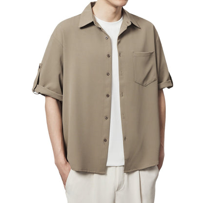 Minimalist Basic Solid Color Short Sleeve Shirt Loose Twill