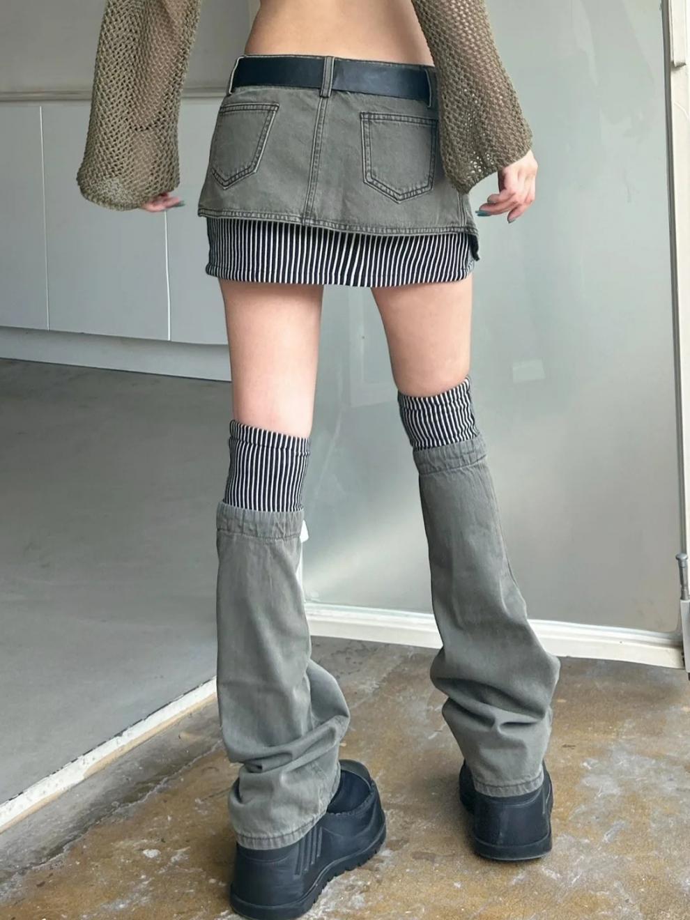 Women's American-style Retro Plus Size Striped Stitching Denim Suit Skirt