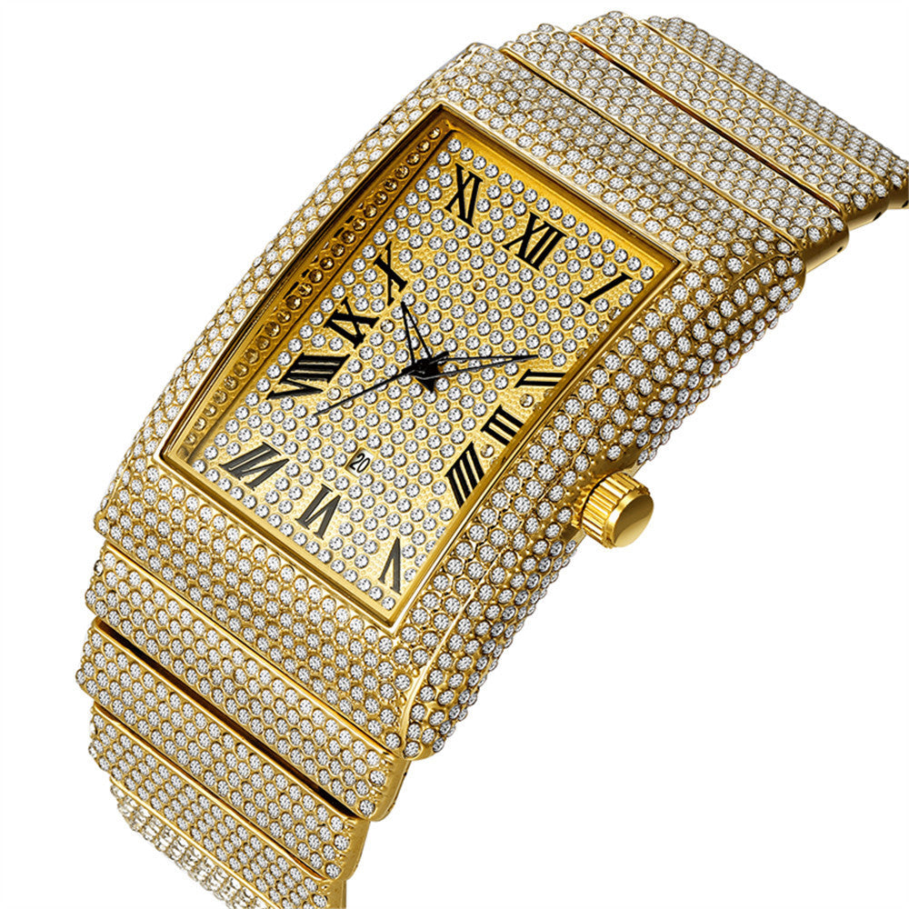 Diamond-embedded Giant Shining Starry Golden Calendar Quartz Watch